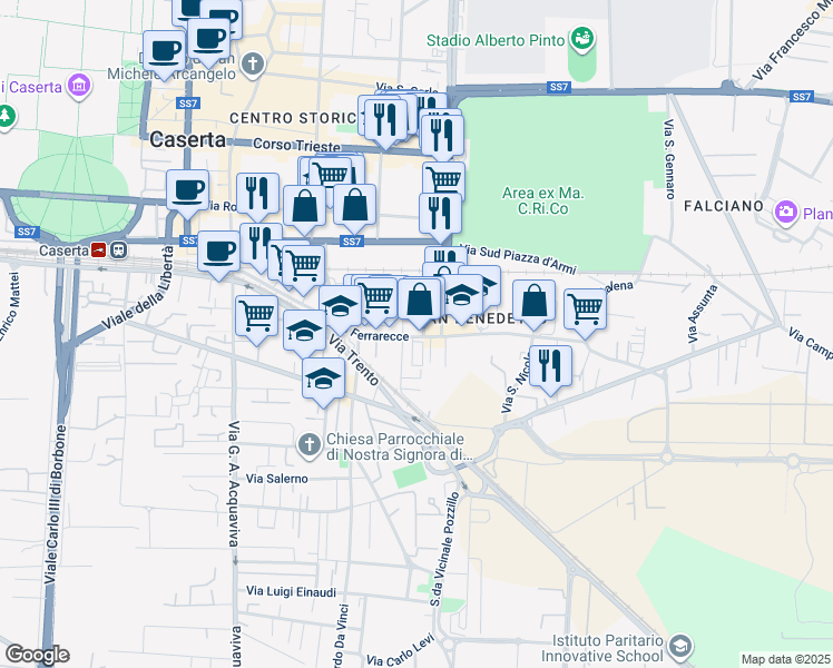map of restaurants, bars, coffee shops, grocery stores, and more near 11 Via Pasquale Amato in Caserta