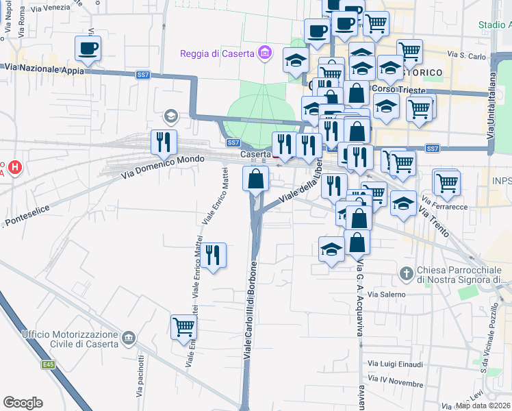 map of restaurants, bars, coffee shops, grocery stores, and more near 87 Viale Carlo III in Caserta