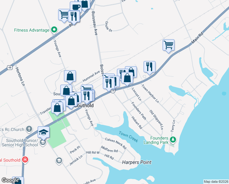 map of restaurants, bars, coffee shops, grocery stores, and more near 55795 Main Road in Southold