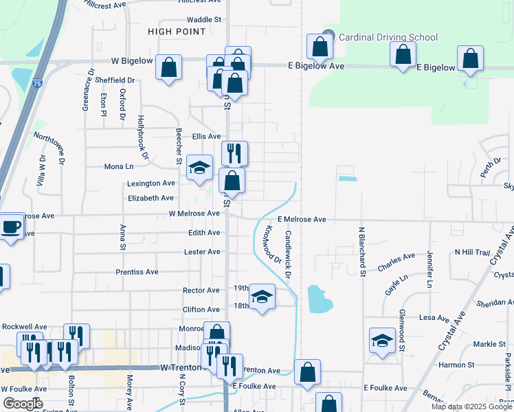 map of restaurants, bars, coffee shops, grocery stores, and more near 200 Santee Avenue in Findlay