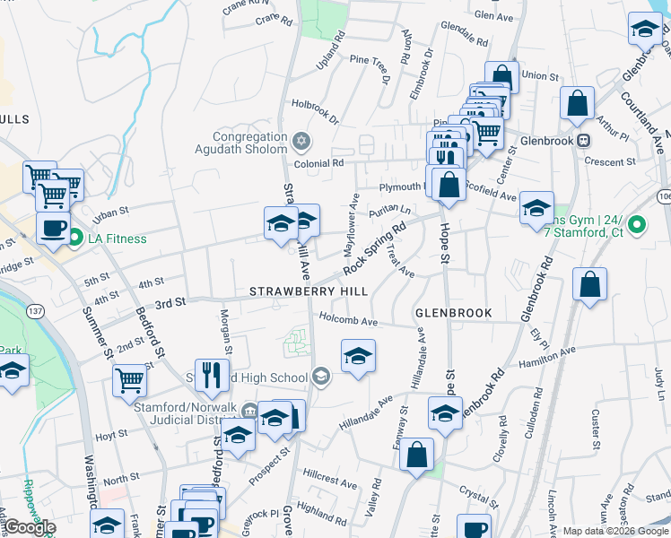 map of restaurants, bars, coffee shops, grocery stores, and more near 12 Hackett Circle South in Stamford