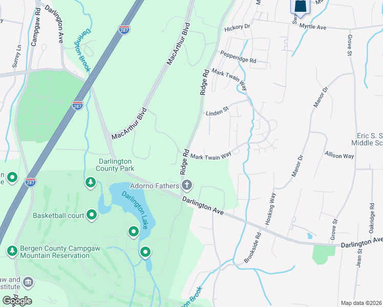 map of restaurants, bars, coffee shops, grocery stores, and more near 101 Mark Twain Way in Mahwah
