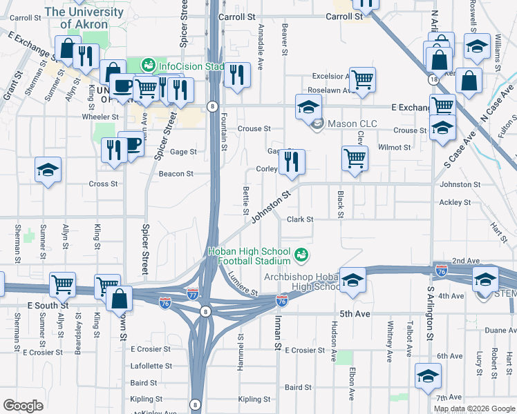map of restaurants, bars, coffee shops, grocery stores, and more near 446 Margaret Street in Akron