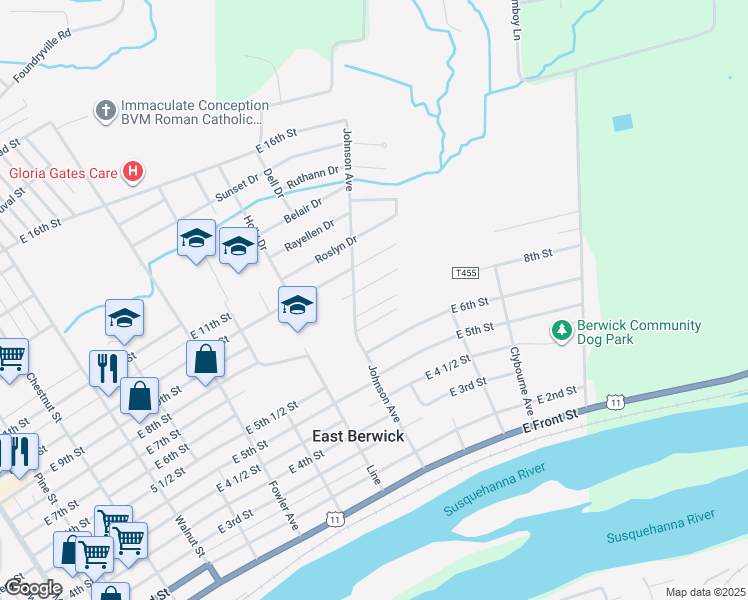 map of restaurants, bars, coffee shops, grocery stores, and more near 907 East 9th Street in Berwick