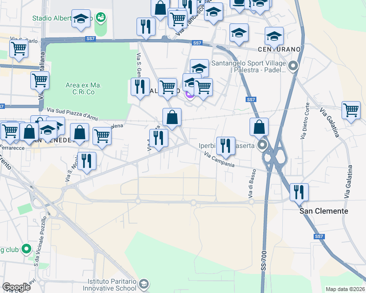 map of restaurants, bars, coffee shops, grocery stores, and more near 286 Viale Abramo Lincoln in Caserta