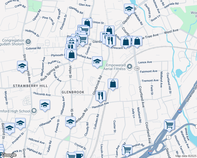 map of restaurants, bars, coffee shops, grocery stores, and more near 352 Glenbrook Road in Stamford