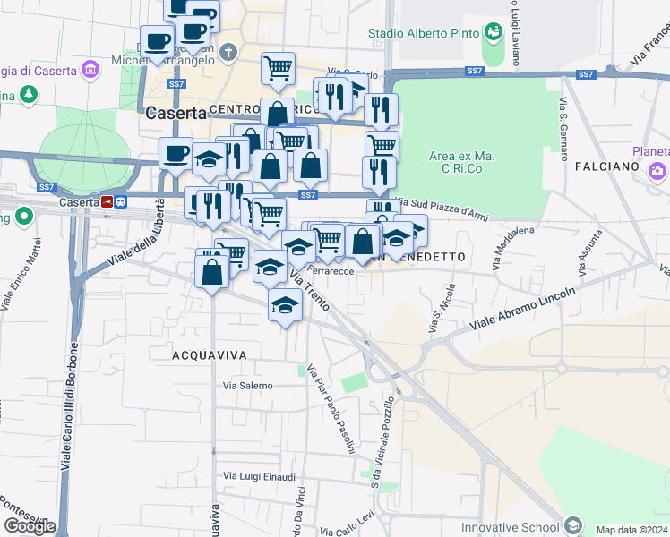 map of restaurants, bars, coffee shops, grocery stores, and more near Via Renato Caccioppoli in Caserta