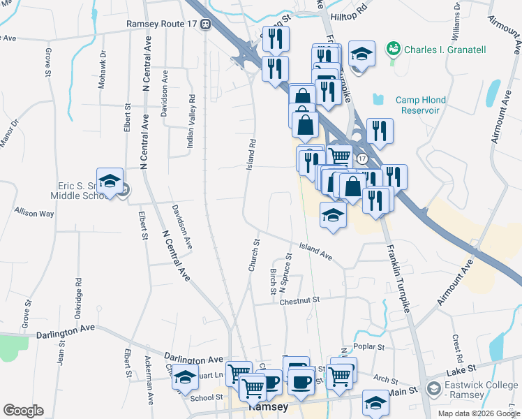 map of restaurants, bars, coffee shops, grocery stores, and more near 23 Lillian Court in Ramsey