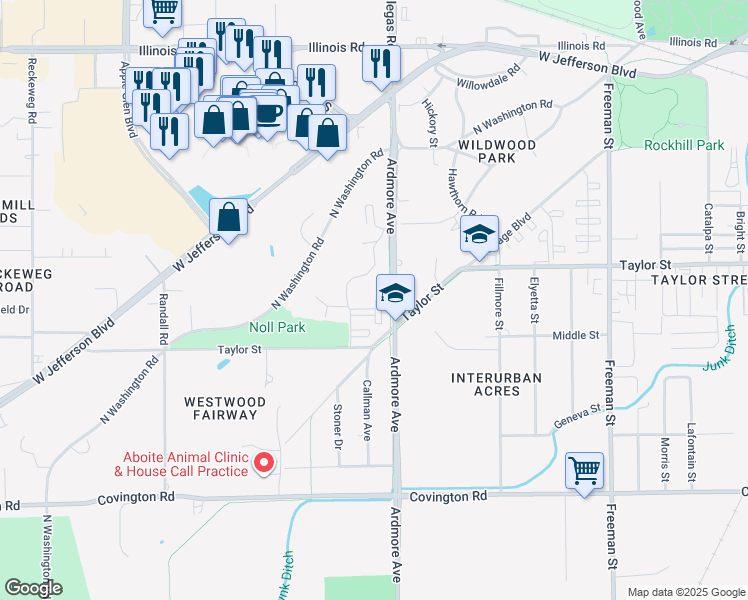 map of restaurants, bars, coffee shops, grocery stores, and more near 3924 Taylor Street in Fort Wayne