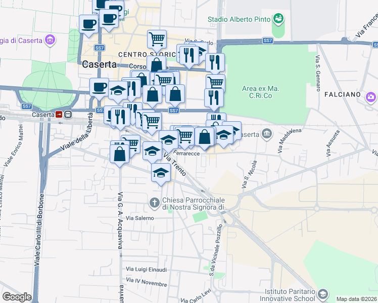map of restaurants, bars, coffee shops, grocery stores, and more near Via Renato Caccioppoli in Caserta