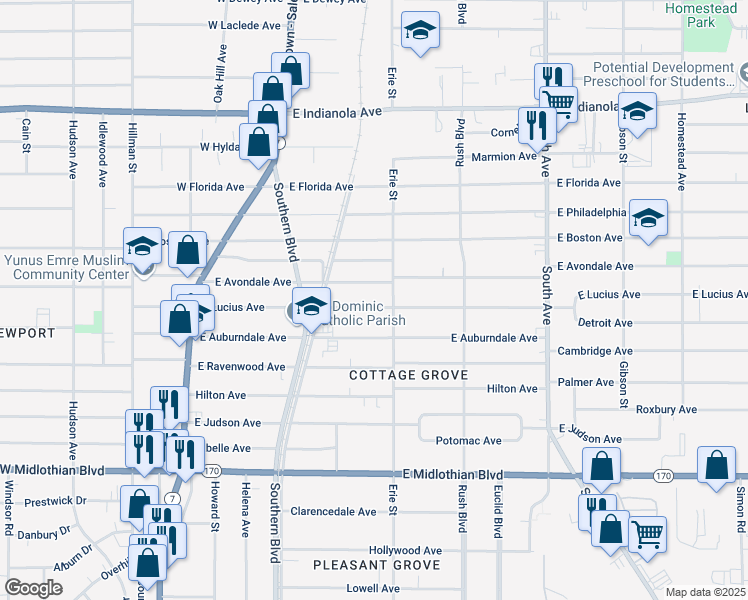 map of restaurants, bars, coffee shops, grocery stores, and more near 160 East Lucius Avenue in Youngstown