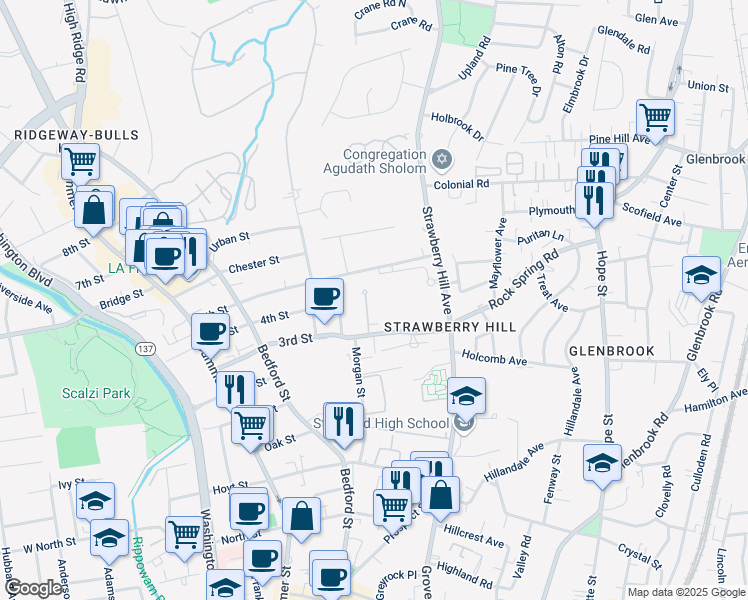 map of restaurants, bars, coffee shops, grocery stores, and more near 39 Strawberry Patch Lane in Stamford