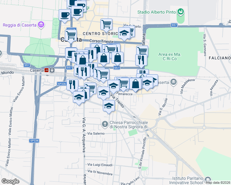 map of restaurants, bars, coffee shops, grocery stores, and more near Via Renato Caccioppoli in Caserta