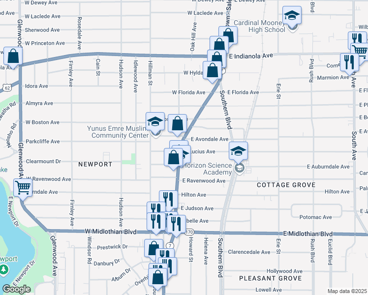 map of restaurants, bars, coffee shops, grocery stores, and more near 8 East Lucius Avenue in Youngstown