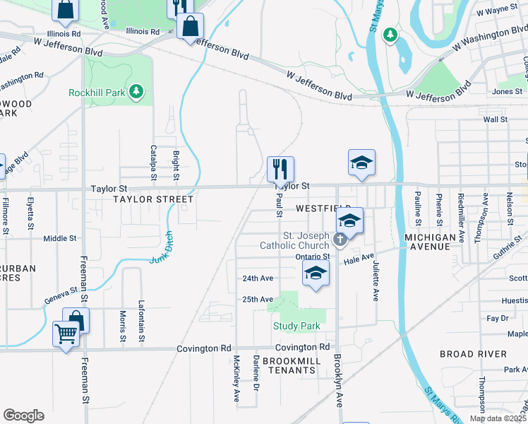 map of restaurants, bars, coffee shops, grocery stores, and more near 2222 Brown Street in Fort Wayne