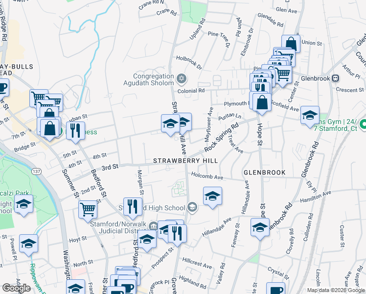 map of restaurants, bars, coffee shops, grocery stores, and more near 195 Strawberry Hill Avenue in Stamford