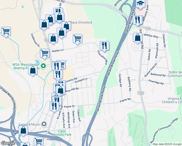 map of restaurants, bars, coffee shops, grocery stores, and more near 604 Old Country Road in Elmsford