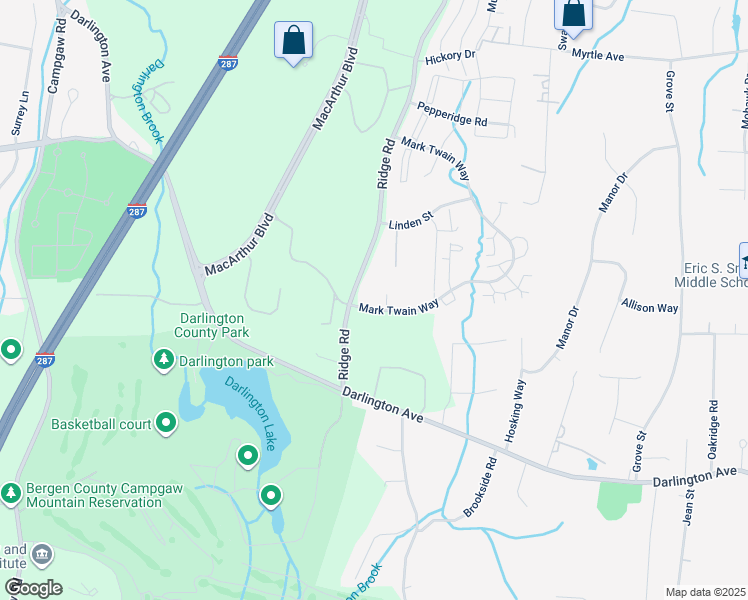 map of restaurants, bars, coffee shops, grocery stores, and more near 301 Mark Twain Way in Mahwah