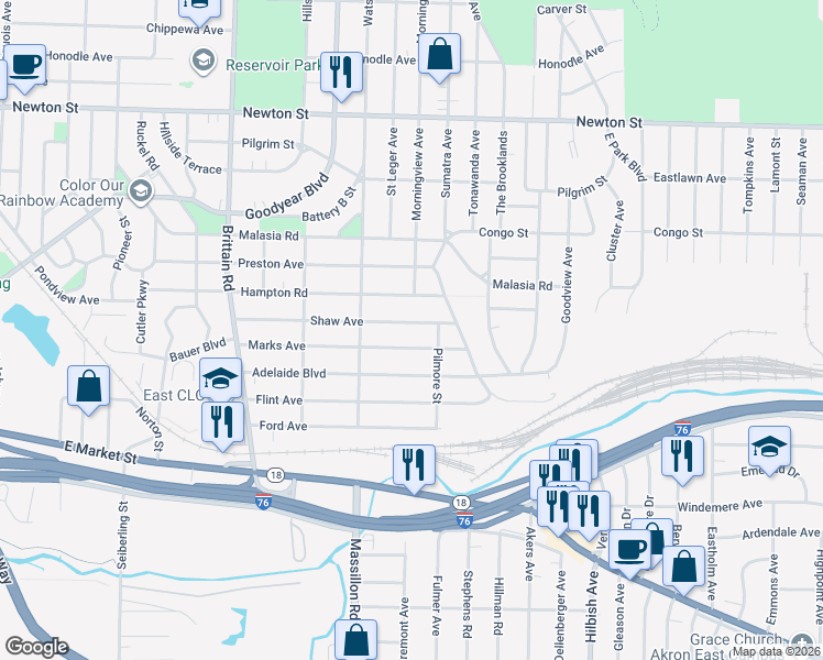 map of restaurants, bars, coffee shops, grocery stores, and more near 1881 Shaw Avenue in Akron