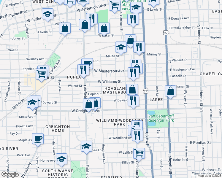 map of restaurants, bars, coffee shops, grocery stores, and more near 315 West Williams Street in Fort Wayne