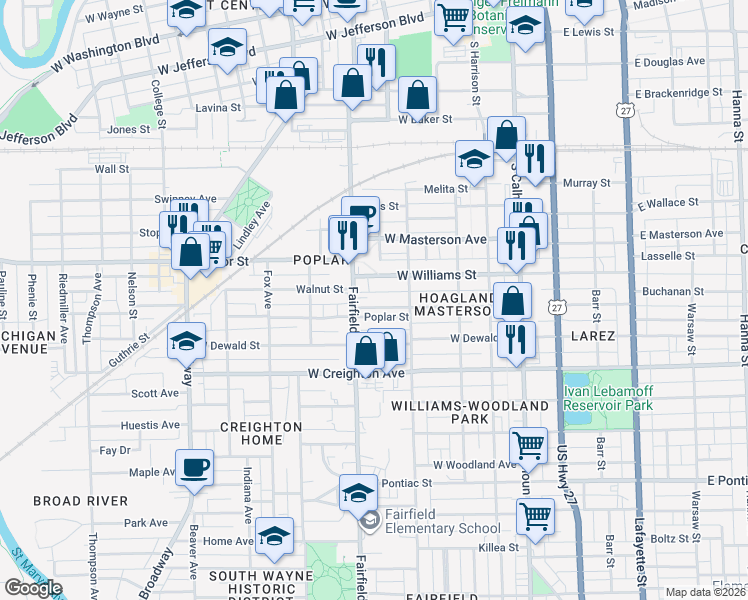 map of restaurants, bars, coffee shops, grocery stores, and more near 447 West Williams Street in Fort Wayne