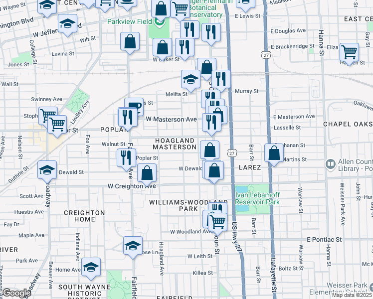map of restaurants, bars, coffee shops, grocery stores, and more near 236 West Butler Street in Fort Wayne
