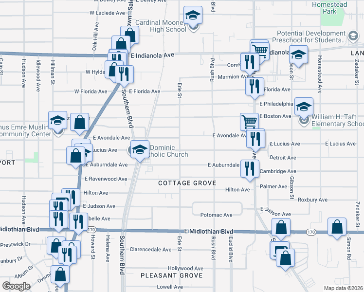 map of restaurants, bars, coffee shops, grocery stores, and more near 221 East Avondale Avenue in Youngstown