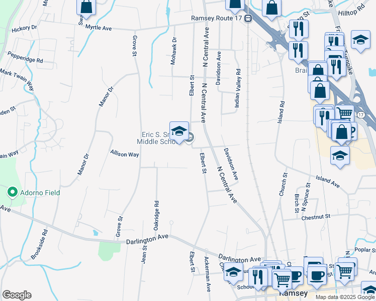map of restaurants, bars, coffee shops, grocery stores, and more near 2 Monroe Street in Ramsey