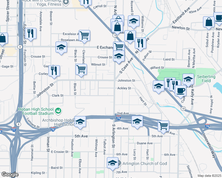map of restaurants, bars, coffee shops, grocery stores, and more near 199 South Arlington Street in Akron