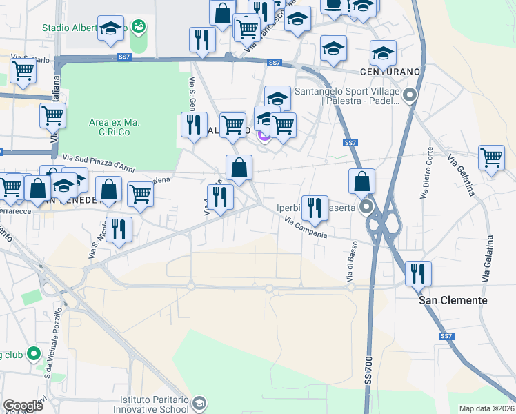 map of restaurants, bars, coffee shops, grocery stores, and more near 286 Viale Abramo Lincoln in Caserta