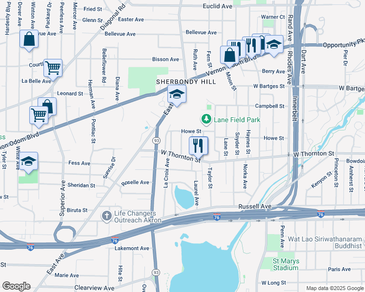 map of restaurants, bars, coffee shops, grocery stores, and more near 993 Celina Avenue in Akron