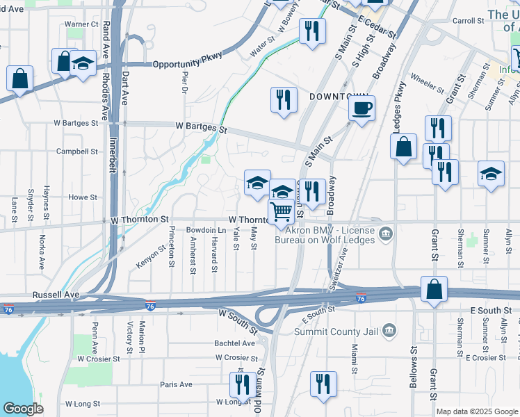 map of restaurants, bars, coffee shops, grocery stores, and more near 77 West Thornton Street in Akron