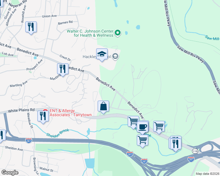 map of restaurants, bars, coffee shops, grocery stores, and more near 430 Benedict Avenue in Tarrytown