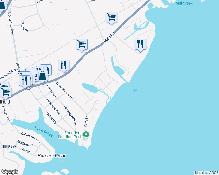 map of restaurants, bars, coffee shops, grocery stores, and more near 595 Rogers Road in Southold