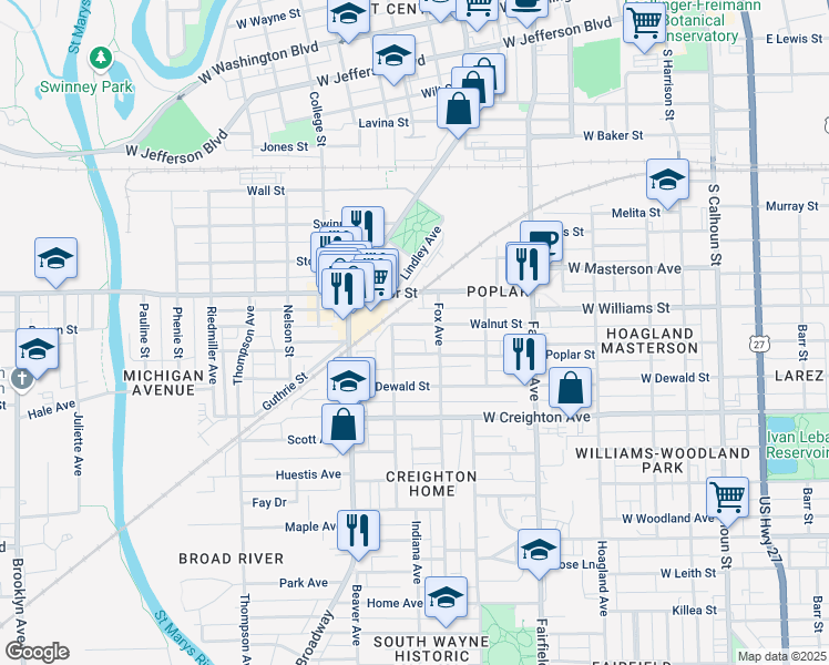 map of restaurants, bars, coffee shops, grocery stores, and more near 827 Walnut Street in Fort Wayne