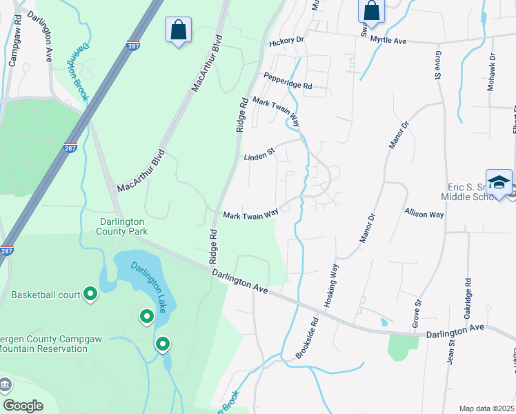 map of restaurants, bars, coffee shops, grocery stores, and more near 509 Mark Twain Way in Mahwah