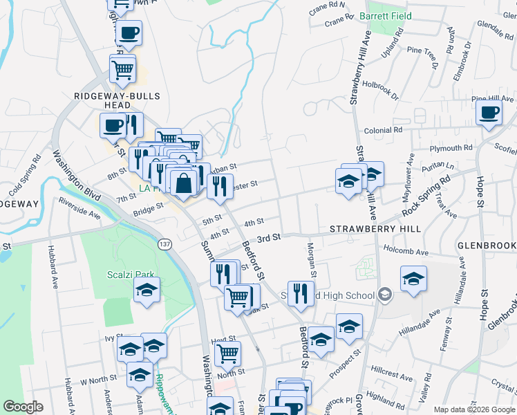 map of restaurants, bars, coffee shops, grocery stores, and more near 94 5th Street in Stamford