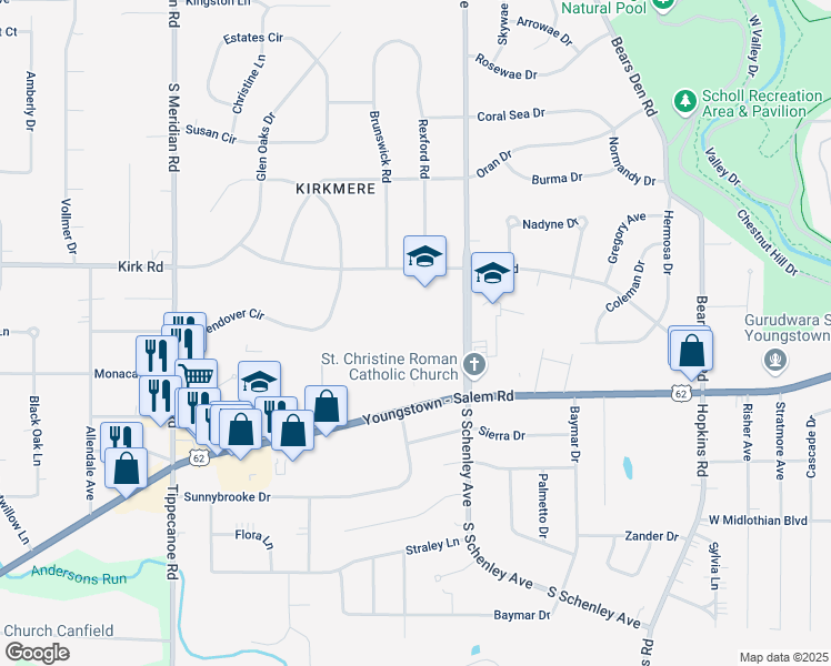 map of restaurants, bars, coffee shops, grocery stores, and more near 3150 S Schenley Ave in Youngstown