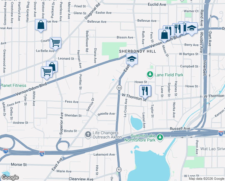 map of restaurants, bars, coffee shops, grocery stores, and more near 1177 East Avenue in Akron