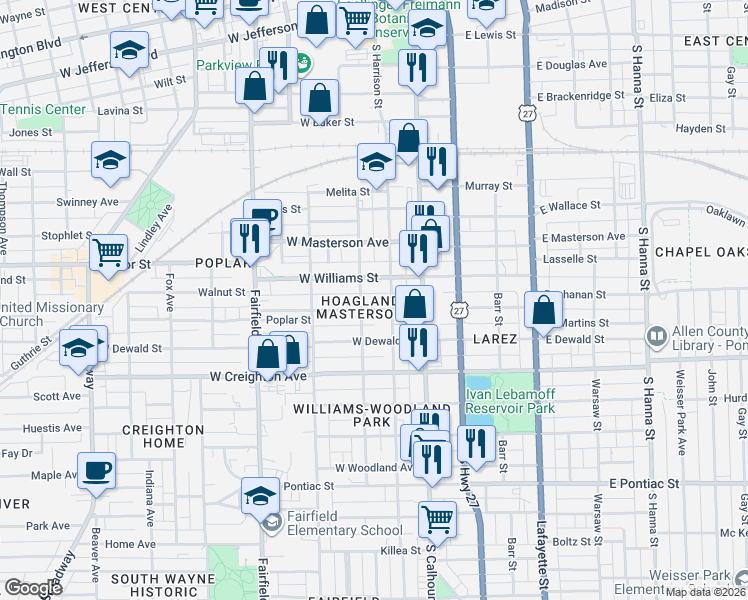 map of restaurants, bars, coffee shops, grocery stores, and more near 213 West Williams Street in Fort Wayne