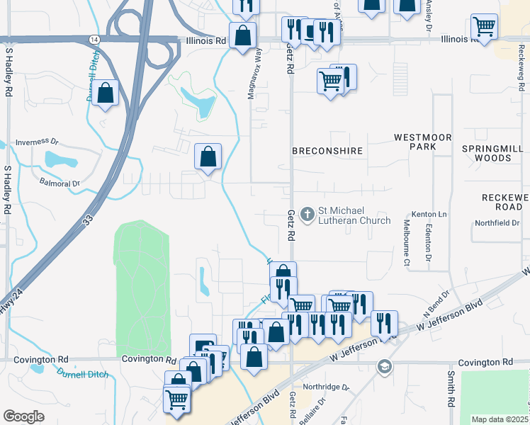 map of restaurants, bars, coffee shops, grocery stores, and more near 1920 Getz Road in Fort Wayne