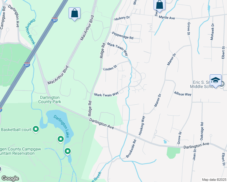 map of restaurants, bars, coffee shops, grocery stores, and more near 607 Mark Twain Way in Mahwah