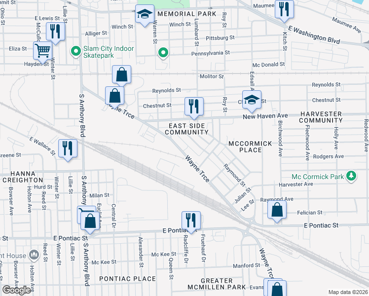 map of restaurants, bars, coffee shops, grocery stores, and more near 2433 Wayne Trace in Fort Wayne