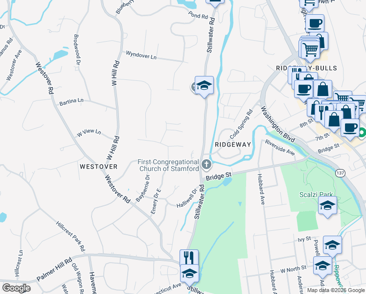 map of restaurants, bars, coffee shops, grocery stores, and more near 17 Knobloch Lane in Stamford