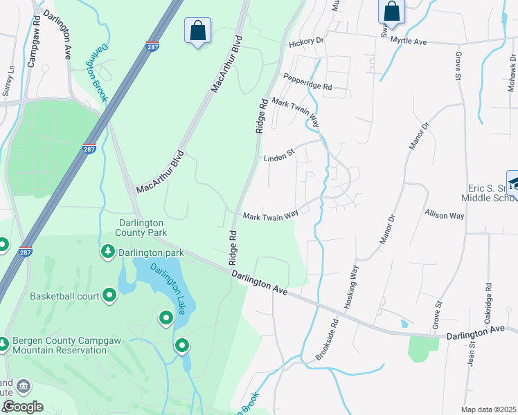 map of restaurants, bars, coffee shops, grocery stores, and more near 301 Mark Twain Way in Mahwah