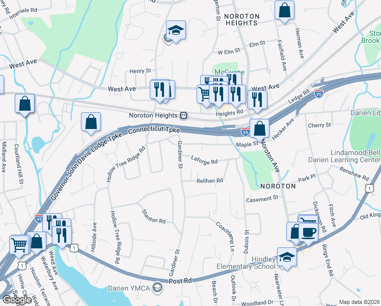 map of restaurants, bars, coffee shops, grocery stores, and more near 70 Maple Street in Darien