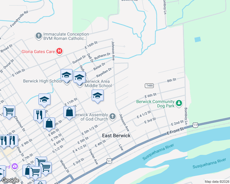map of restaurants, bars, coffee shops, grocery stores, and more near 907 East 9th Street in Berwick