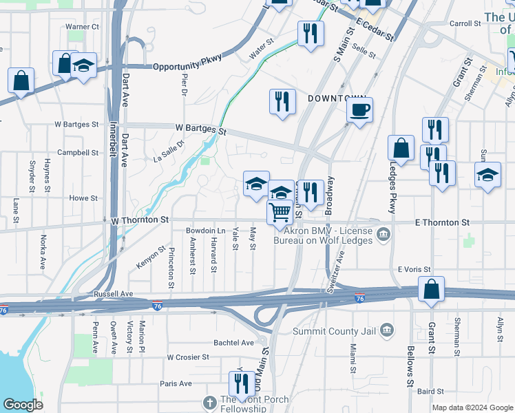 map of restaurants, bars, coffee shops, grocery stores, and more near 77 West Thornton Street in Akron