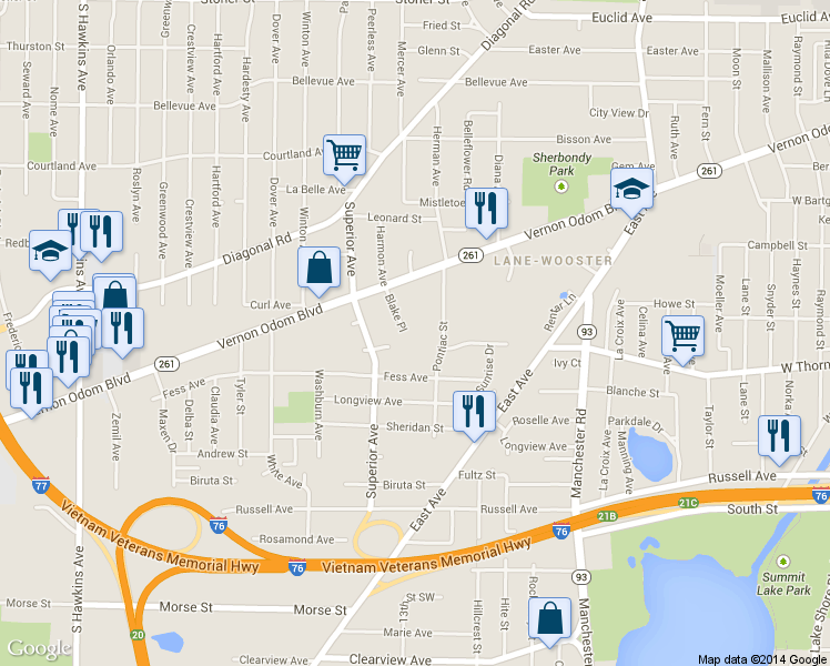 map of restaurants, bars, coffee shops, grocery stores, and more near 1387 Blake Place in Akron