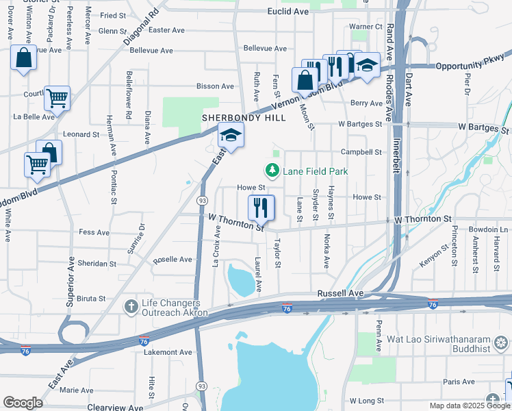 map of restaurants, bars, coffee shops, grocery stores, and more near 995 Leroy Avenue in Akron